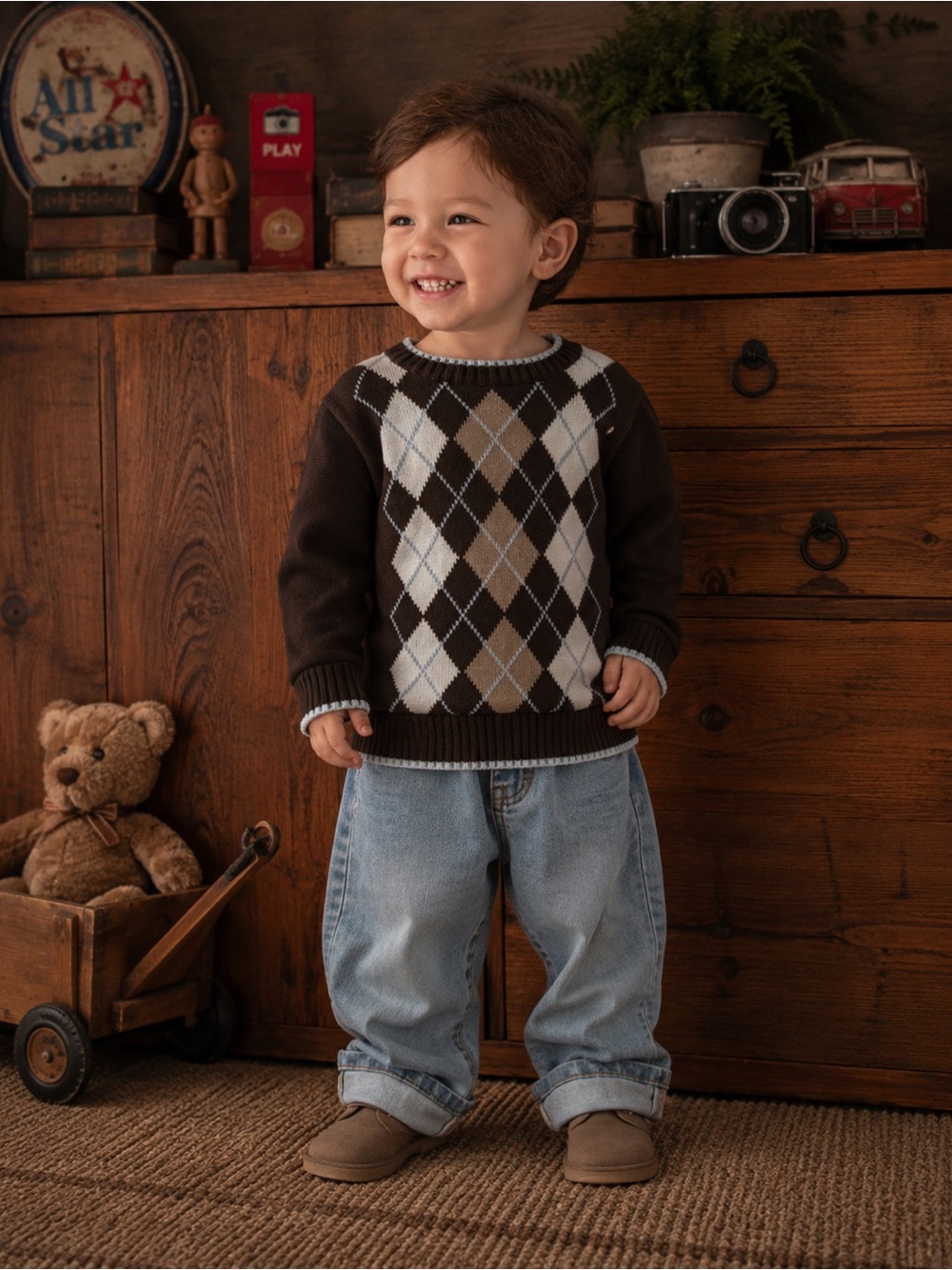 Vintage Argyle Sweater 3T Brown Knit Bowden & Wright Y2K Grandpa Core